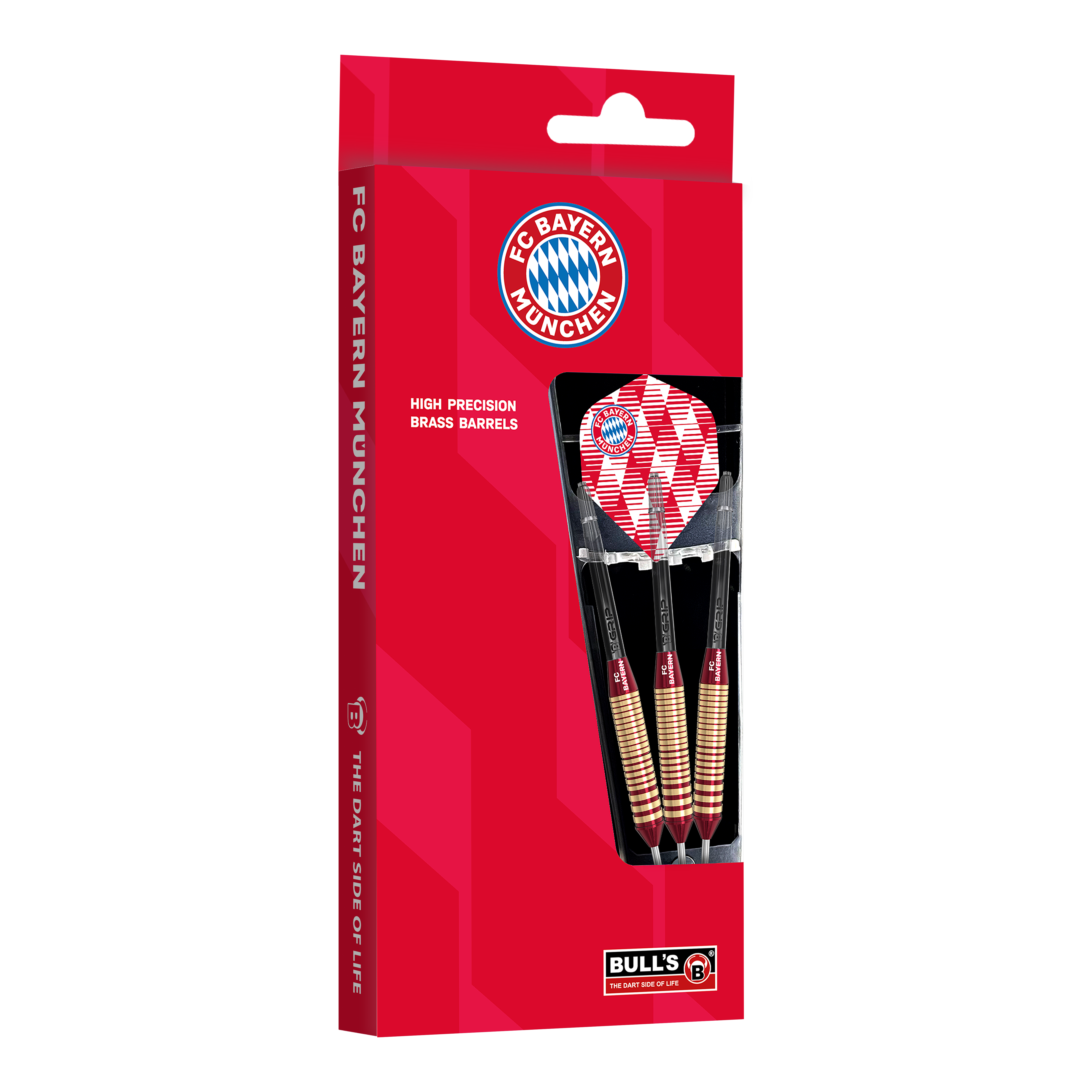Bulls FC Bayern Munich Brass Steel Darts - 21g Das Bild zeigt die Bulls FC Bayern München Brass Steeldarts mit 21 Gramm Gewicht. Die Darts sind im Design des Fußballvereins FC Bayern München gehalten.