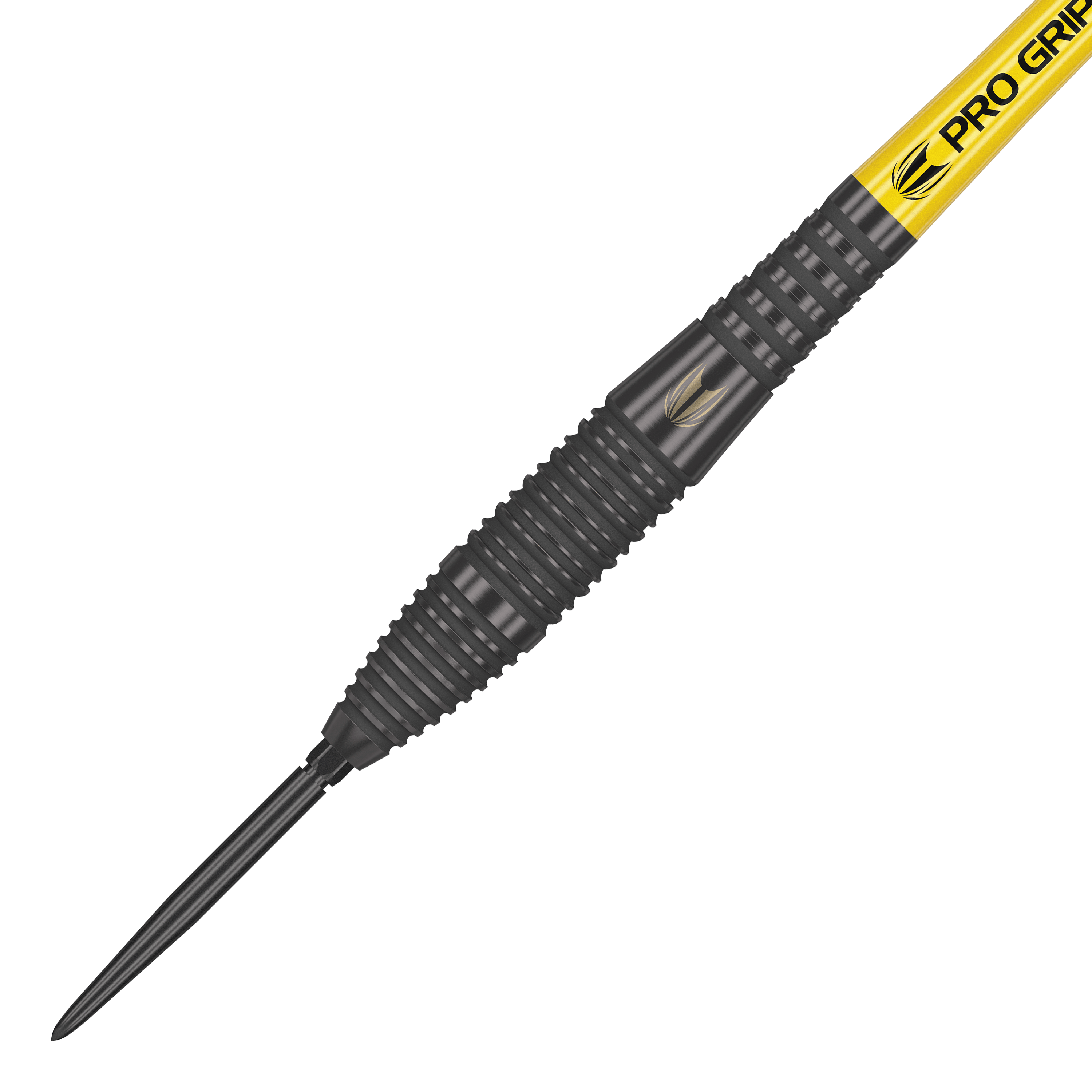 Target Bolide Void 05 Swiss Point steel darts Das Bild zeigt einen Target Bolide Void 05 Swiss Point Steeldart. Der Dart hat eine schwarze, gerillte Oberfläche und einen gelben Schaft mit der Aufschrift "Pro Grip".