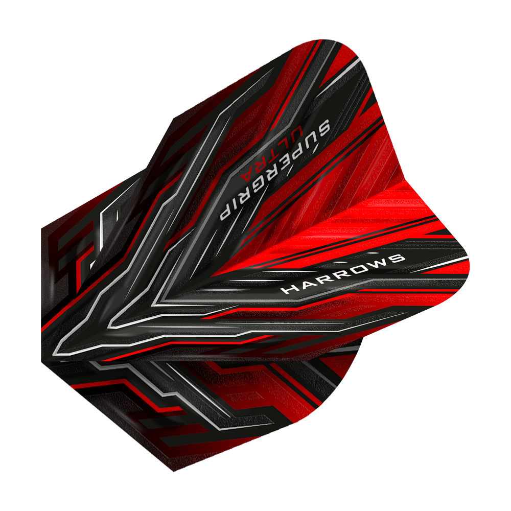 HR9_Harrows_Supergrip_Ultra_Red_Standard_Flights_2 Das Bild zeigt das Produkt "Harrows Supergrip Ultra Red Standard Flights". Die Flights sind in Rot, Schwarz und Silber gestaltet und tragen den Markennamen sowie die Produktbezeichnung.