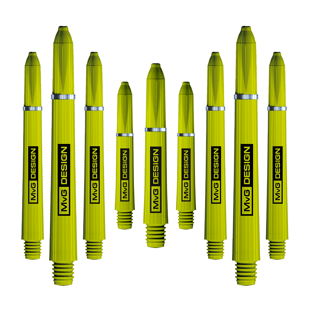 8125_Winmau_MvG_Signature_Shaft_Collection_2 Das Bild zeigt die "Winmau MvG Signature Shaft Collection", eine Sammlung von gelben Dartschäften. Auf jedem Schaft steht "MvG DESIGN" in schwarzer Schrift.