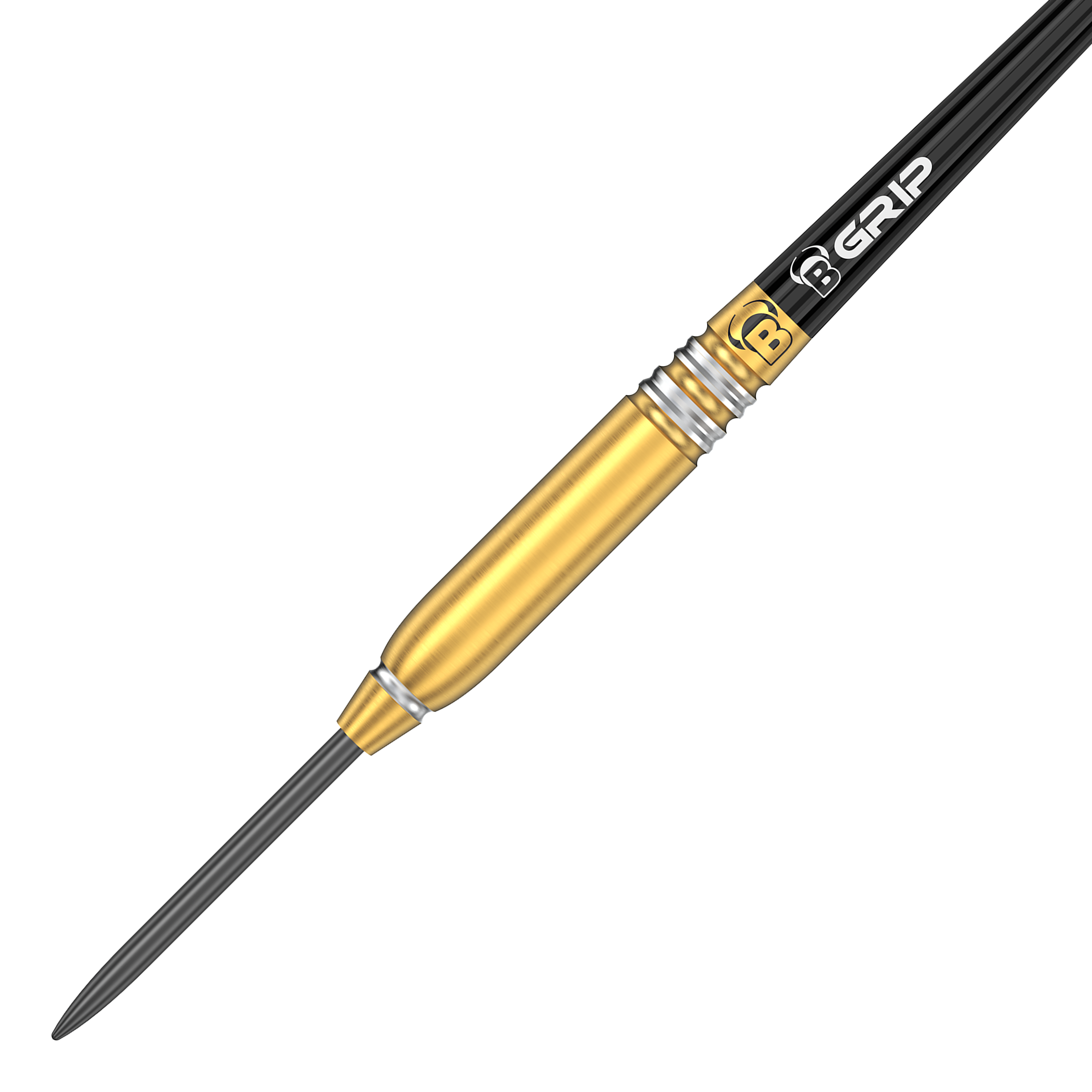 Das Bild zeigt einen Bulls Patrick Geeraets Steeldart mit einem Gewicht von 23 Gramm. Der Dart hat einen goldfarbenen Barrel und einen schwarzen Schaft mit der Aufschrift "GRIP".