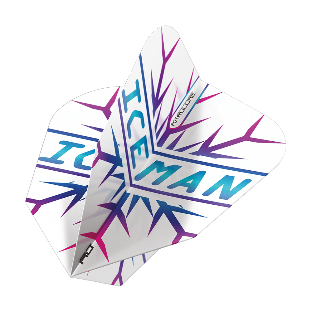 Das Bild zeigt das Produkt "Red Dragon Gerwyn Price Hardcore Flight Set". Die Flights sind weiß mit blauen und lila Eiszapfen-Designs und dem Schriftzug "ICEMAN".