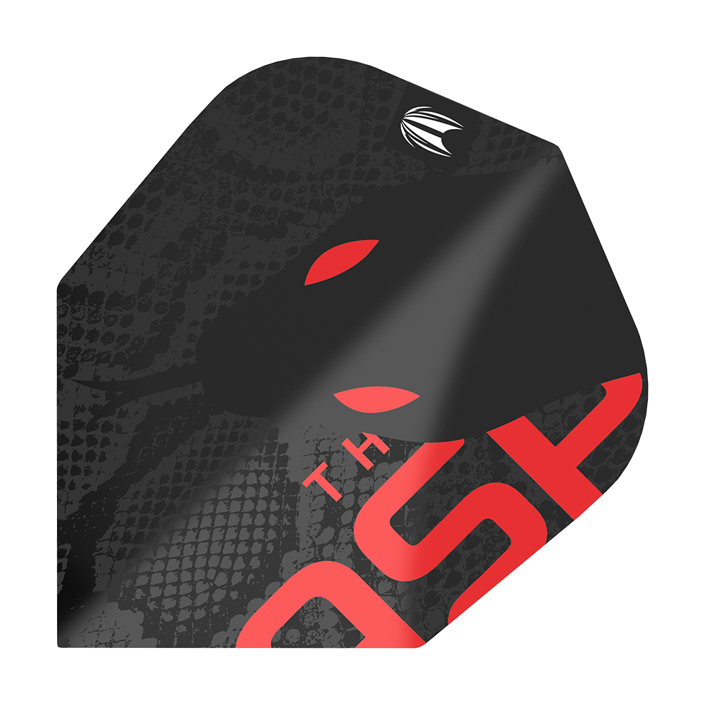TG11_336950_Target_ProUltra_Nathan_Aspinall_80_Black_No6_Flights_1 Das Bild zeigt ein schwarzes Dart-Flight mit roten und weißen Akzenten. Auf der Oberfläche ist ein Schlangenledermuster sowie der Schriftzug "THE ASP" zu sehen.