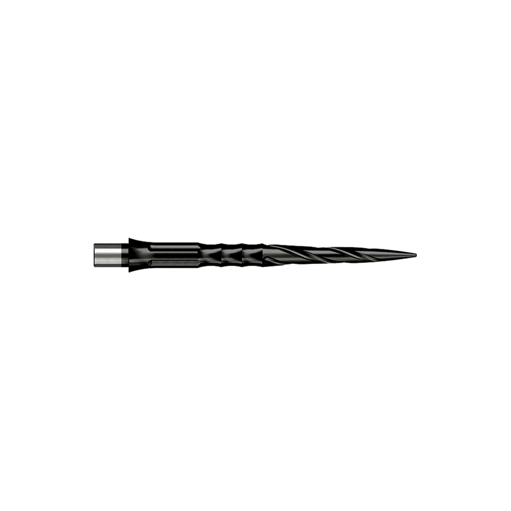 Caliburn System steel dart tips - Spiro - No Lip - Black Abgebildet sind Caliburn Evo System Steeldartspitzen vom Typ Spiro NoLip in Schwarz mit 28 mm Länge. Das Produkt ist für den Einsatz in Steeldarts geeignet.
