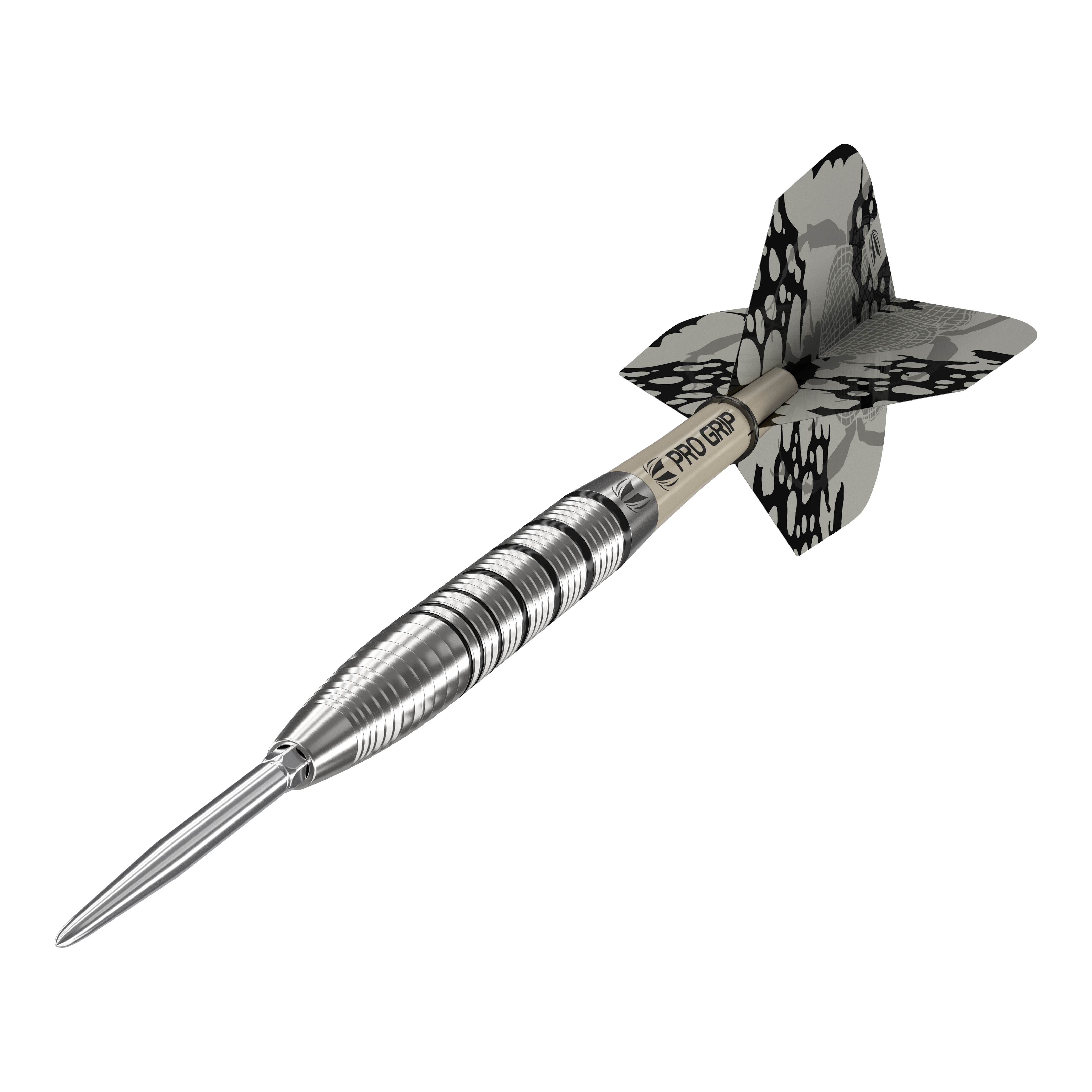 Target EXO SP02 Swiss Point steel darts Das Bild zeigt den Target EXO SP02 Swiss Point Steeldart. Der Dart hat ein silbernes Griffstück mit schwarzen Akzenten und eine schwarz-gemusterte Flight.