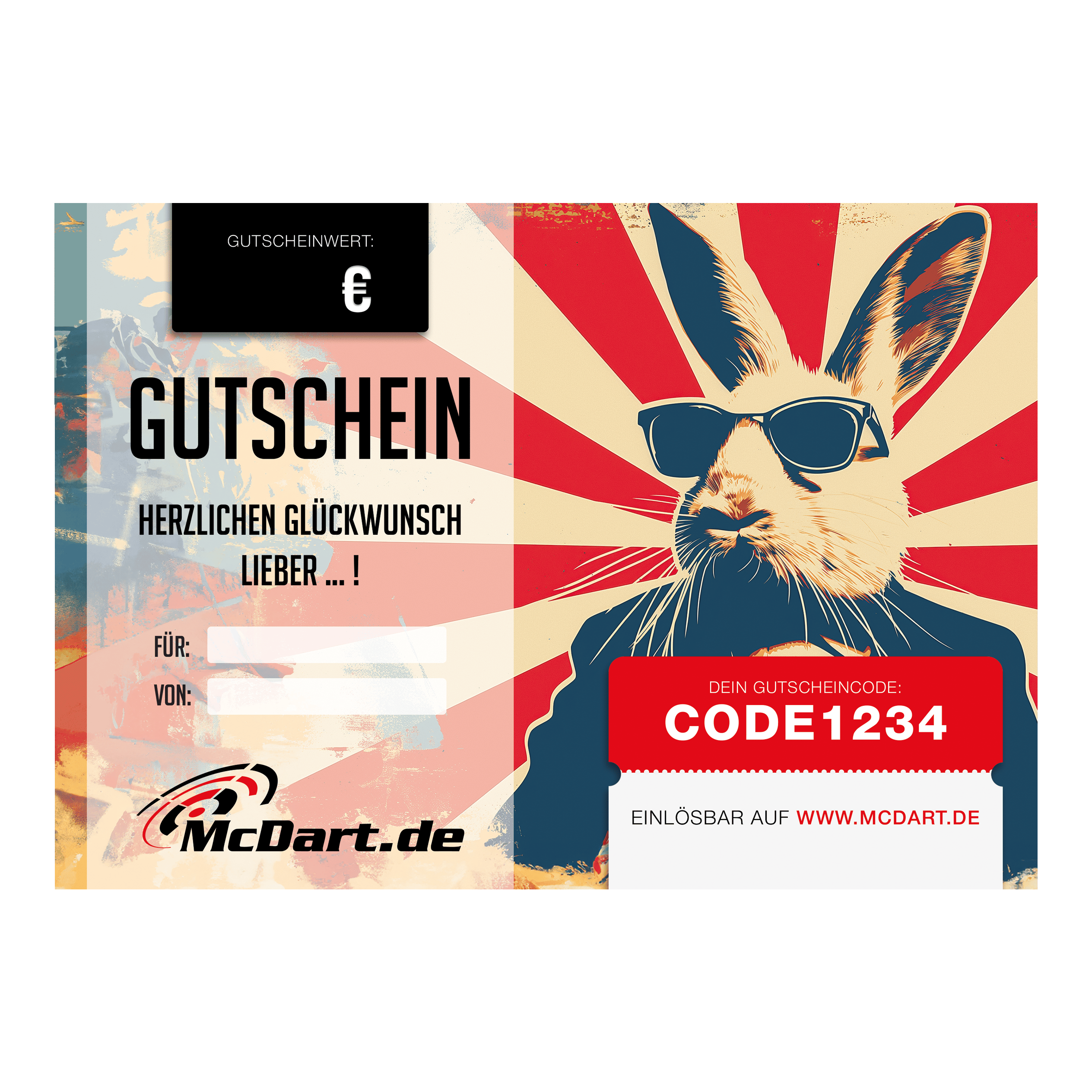 Easter voucher Das Bild zeigt einen Oster-Gutschein von McDart.de mit einem coolen Hasen mit Sonnenbrille. In der Mitte steht „Gutschein“ und rechts ist ein Feld für den Gutscheincode.