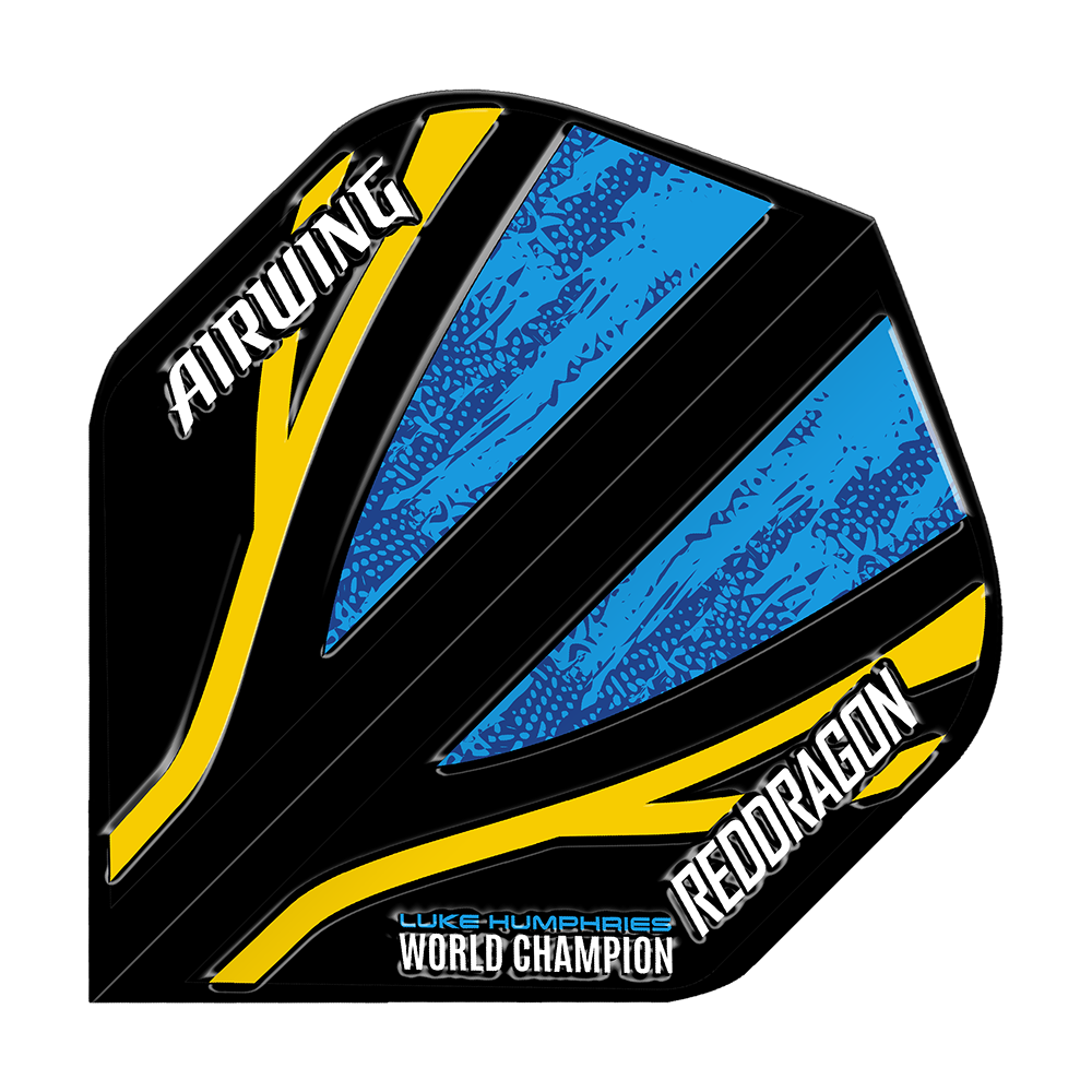 Red Dragon Airwing Luke Humphries World Champion Black Blue Standard Flights Das Bild zeigt ein Dart-Flight mit schwarzem, blauem und gelbem Design. Auf dem Flight stehen die Wörter "AIRWING", "REDDRAGON" und "LUKE HUMPHRIES WORLD CHAMPION".