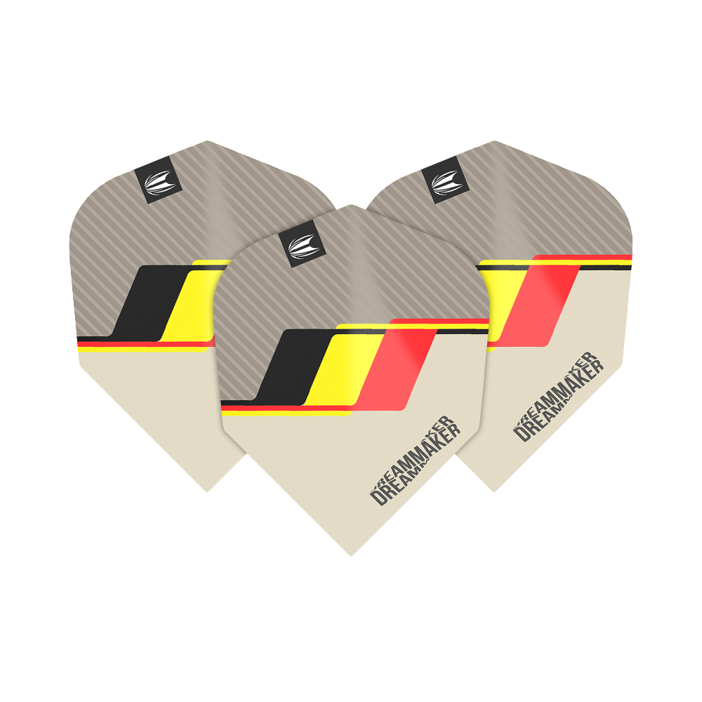 Das Bild zeigt drei Target Pro Ultra Dimitri Van Den Bergh No6 Flights. Sie haben ein modernes Design mit den Farben Schwarz, Gelb und Rot sowie dem Schriftzug "DREAMMAKER".