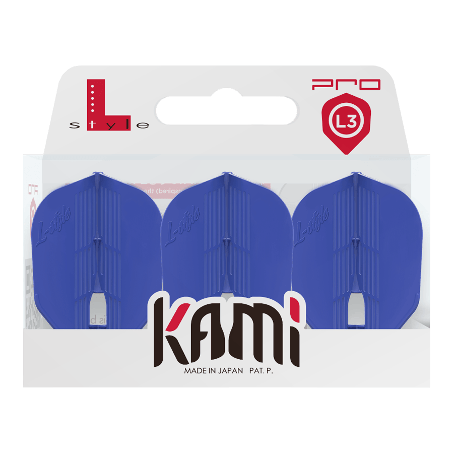 Das Bild zeigt eine Verpackung mit drei blauen Dart-Flights der Marke L-Style. Auf der Verpackung steht "kami" und "Made in Japan".