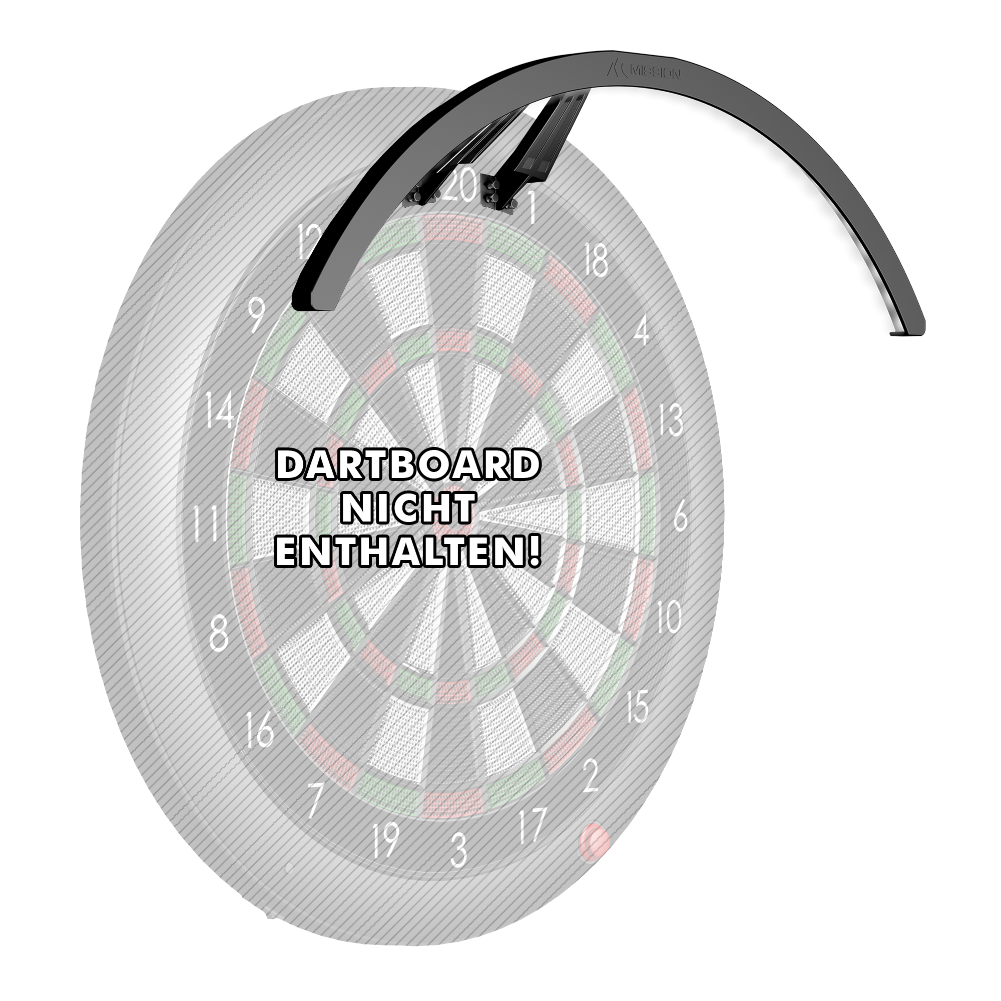 Mission Torus ST lighting system for electronic dartboards Das Bild zeigt das Mission Torus ST Beleuchtungssystem für elektronische Dartboards, das oben am Dartboard befestigt ist. In der Mitte des Bildes steht der Hinweis „Dartboard nicht enthalten!“.
