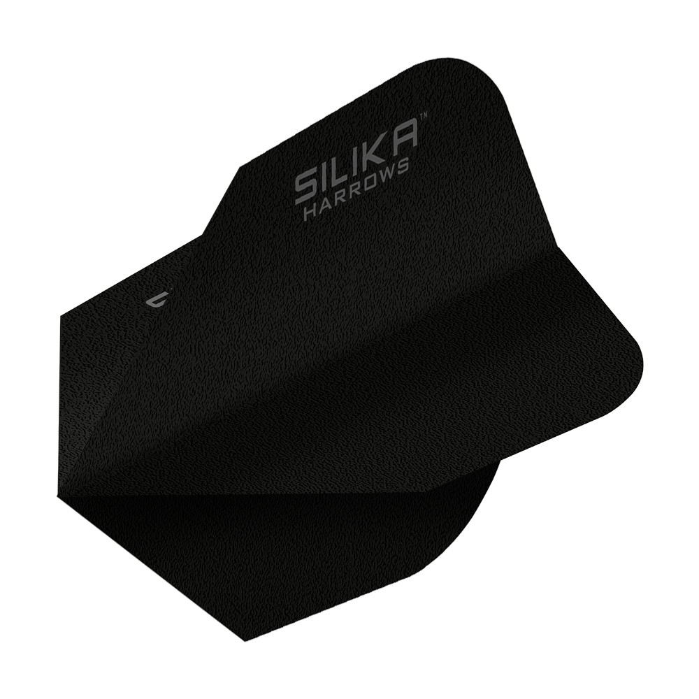 Das Bild zeigt ein schwarzes Dartflight mit der Aufschrift "SILIKA HARROWS". Es handelt sich um das Modell "Harrows Silika Solid Tough Crystalline Coating Black No6 Flight".