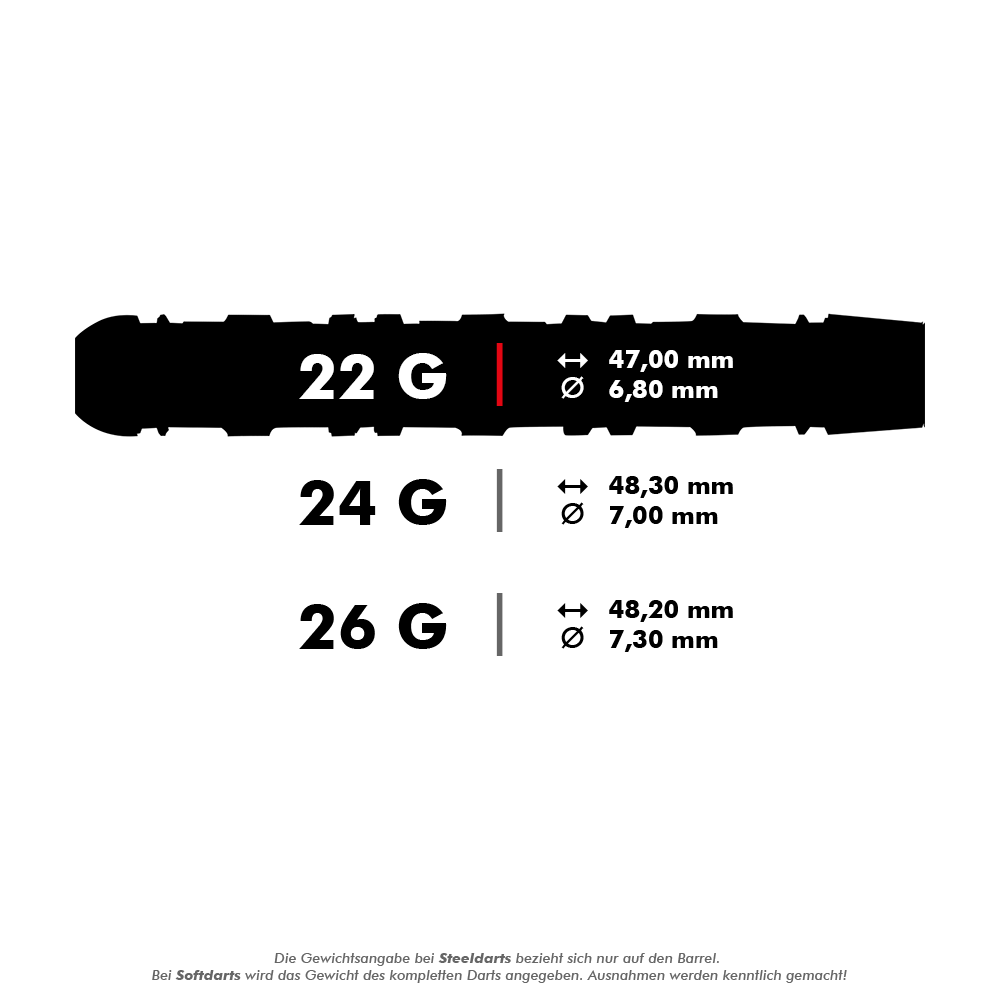 Unicorn Ballista Style 4 steel darts Das Bild zeigt die Maße und Gewichte von Unicorn Ballista Steeldarts in drei Varianten: 22g, 24g und 26g. Für jede Variante sind die Länge und der Durchmesser des Barrels in Millimetern angegeben.