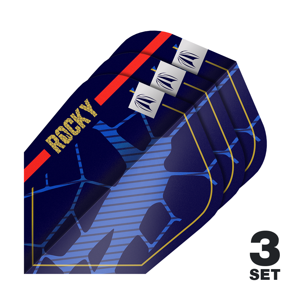 Target Pro Ultra Josh Rock GEN1 Ten-X Flights - 3 Sets Das Bild zeigt drei Sätze der Target Pro Ultra Josh Rock GEN1 Ten-X Flights. Die Flights sind dunkelblau mit goldenen, roten und blauen Akzenten und dem Schriftzug "ROCKY".