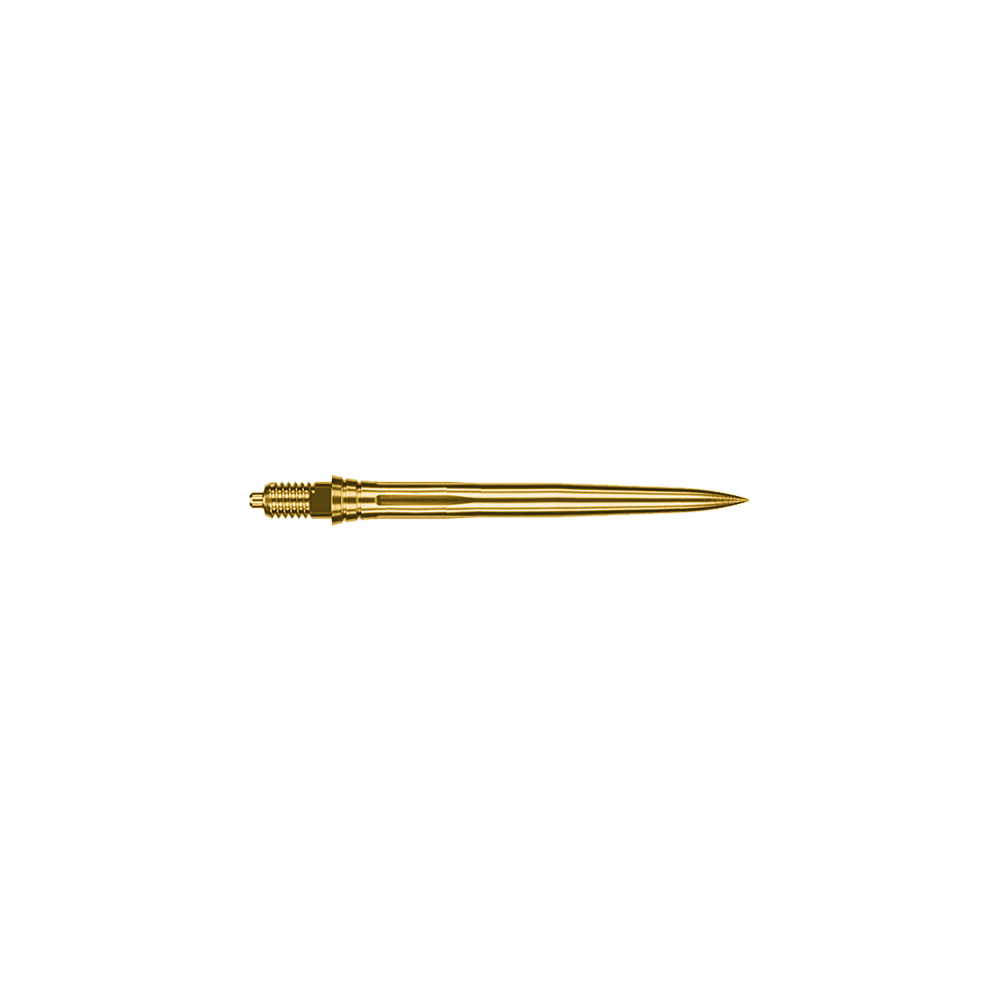 Abgebildet sind goldene Dartspitzen mit einer Länge von 28mm. Sie gehören wahrscheinlich zur Serie Caliburn EZ-EVO Smooth.