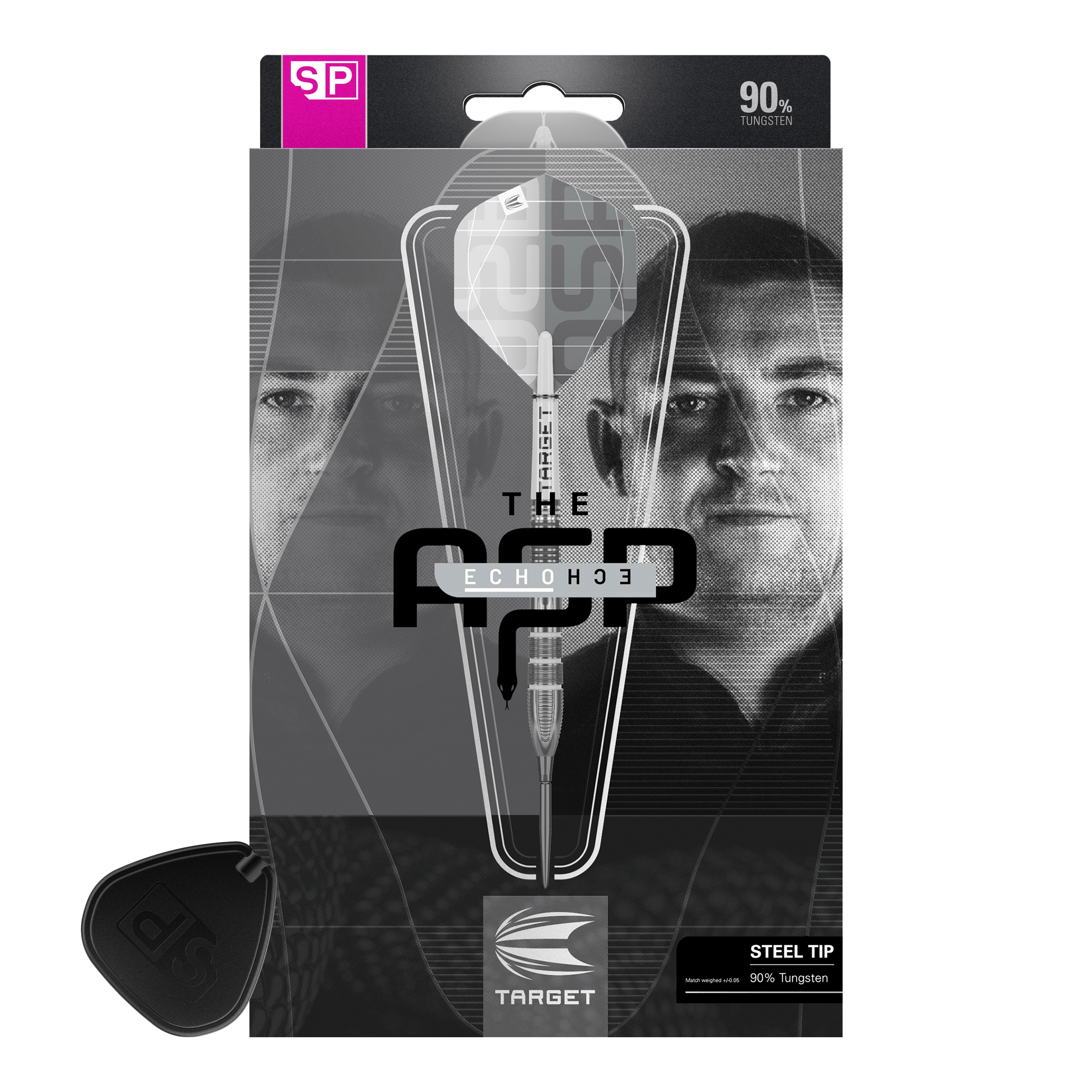 Target Nathan Aspinall X Echo Swiss Point steel darts Die Verpackung zeigt die Target Nathan Aspinall X Echo Swiss Point Steeldarts. Auf der Vorderseite sind ein Dartpfeil und das Porträt eines Mannes zu sehen.
