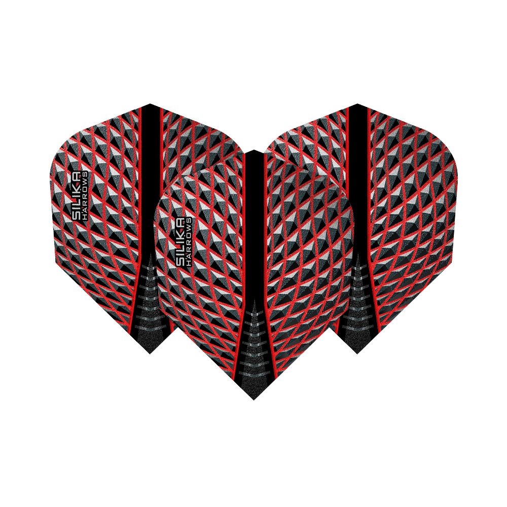 HR80_Harrows_Silika_Red_No6_Flights_15UyhR3HlXt4ok Das Bild zeigt die Harrows Silika Red No6 Flights. Sie haben ein auffälliges Muster in Rot, Schwarz und Silber.