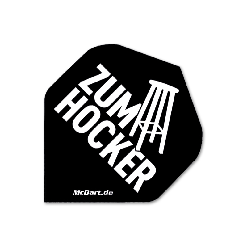 MK8026_Markus_Krebs_Flights_3_ZumHocker Das Bild zeigt ein Dart Flight mit der Aufschrift "ZUM HOCKER" und einer stilisierten Hocker-Grafik. Unten steht die Webseite "McDart.de" in weißer Schrift auf schwarzem Hintergrund.