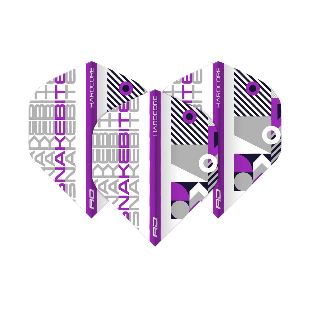 TF6661_Red_Dragon_Hardcore_Snakebite_WhitePurple_Standard_Flights_1BhQ4Kn0iOooG7 Das Bild zeigt drei Dartflights des Modells "Red Dragon Hardcore Snakebite White Purple Standard". Die Flights sind weiß mit lila und grauen Akzenten sowie auffälligem, modernem Design.