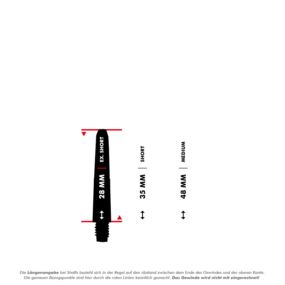 572_Nylon_Shafts_Blau_5_28mm Das Bild zeigt verschiedene Längen von Nylon Shafts in Blau, mit den Größen Ex-Short (28 mm), Short (35 mm) und Medium (48 mm). Die Längen werden zwischen dem Ende des Gewindes und der oberen Kante gemessen, wobei das Gewinde nicht mitgerechnet wird.