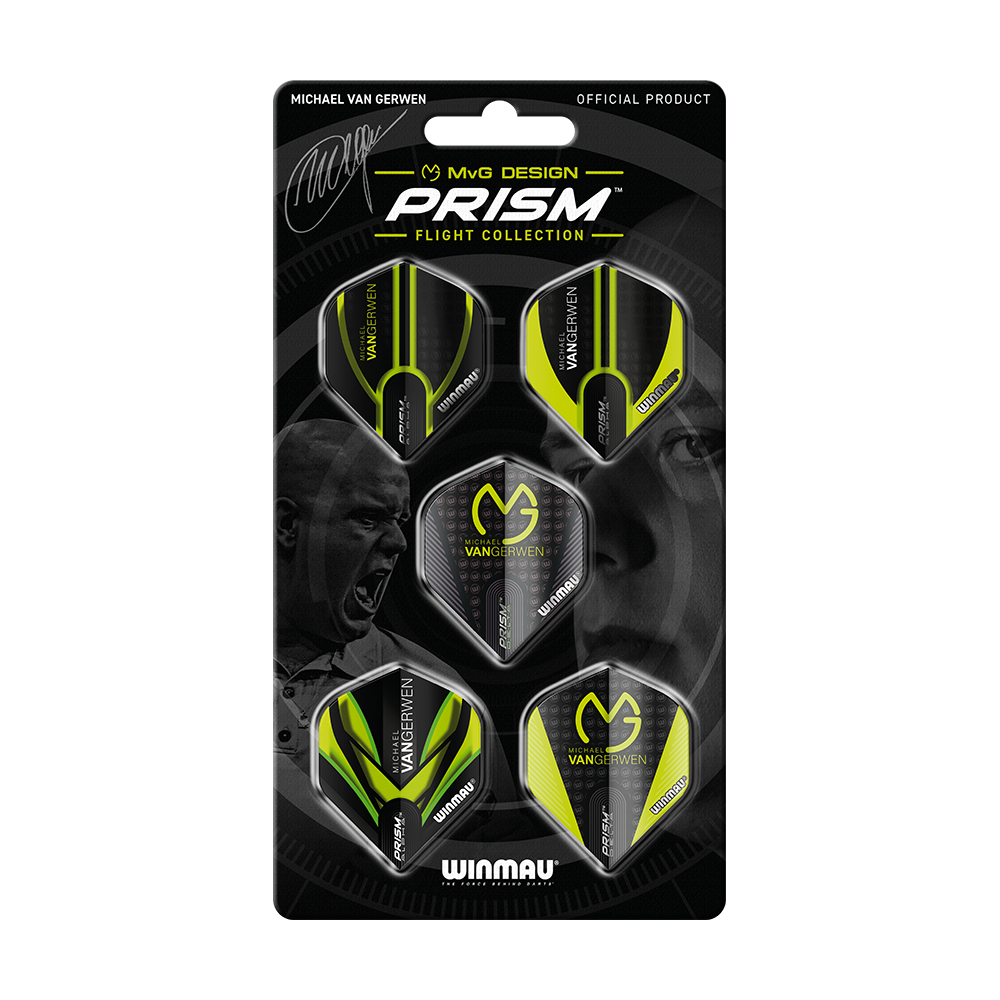 8122_Winmau_MvG_Prism_Flight_Collection_1 Das Bild zeigt die Winmau MvG Prism Flight Collection, ein Set von Dartflights. Die Verpackung ist schwarz mit gelben und grünen Akzenten und zeigt das MvG-Logo sowie Bilder eines Dartspielers.