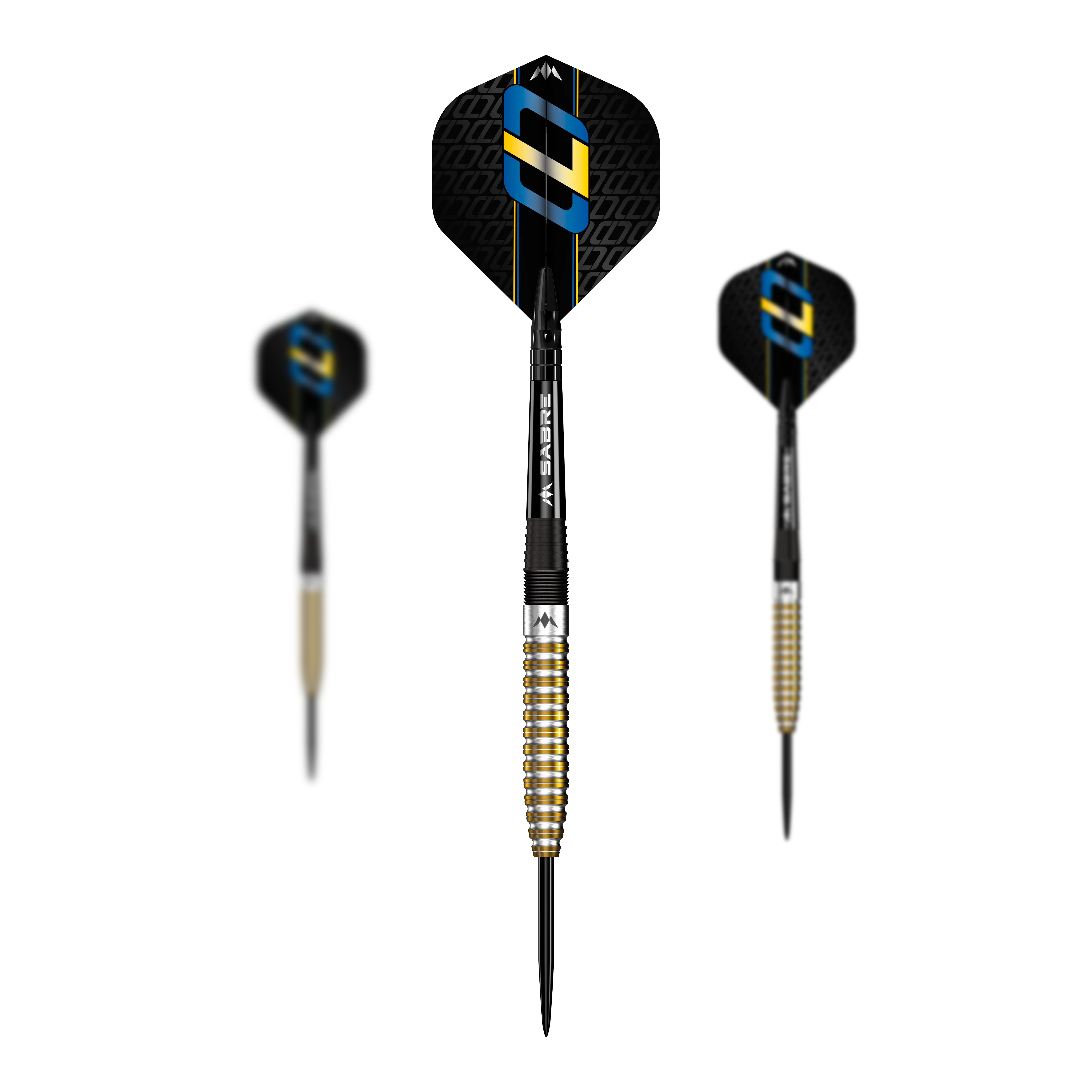 Mission Oskar Lukasiak Black Gold PVD Steeldarts - 22g Das Bild zeigt drei Steeldarts des Modells "Mission Oskar Lukasiak Black Gold PVD" mit einem Gewicht von 22g. Die Darts haben ein schwarz-goldenes Design und auffällige Flights mit blauen und goldenen Akzenten.