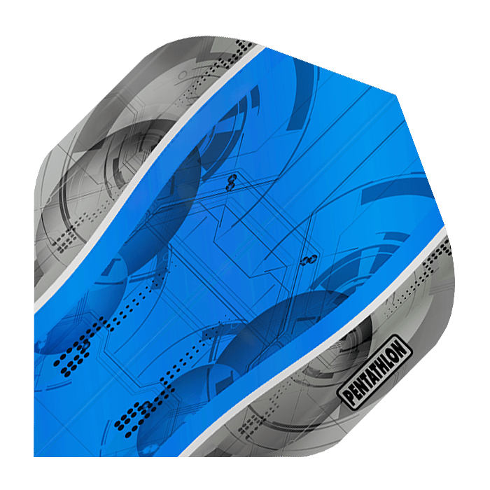 P-216-Penathlon-Silver-Edge-Blue-Flights Das Bild zeigt die "Pentathlon Silver Edge Blue Flights" mit einem futuristischen blauen Design und silbernen Rändern. Das Wort "Pentathlon" ist auf einem der silbernen Bereiche gut sichtbar gedruckt.
