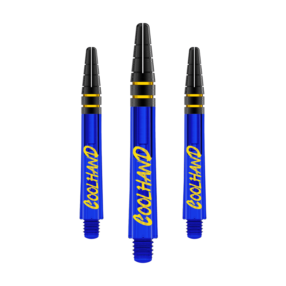 Red Dragon Nitrotech Luke Humphries Coolhand Shafts - Blue Das Bild zeigt drei blaue Dartschäfte mit der gelben Aufschrift "COOLHAND". Die Schäfte haben schwarze und goldene Ringe am oberen Ende.