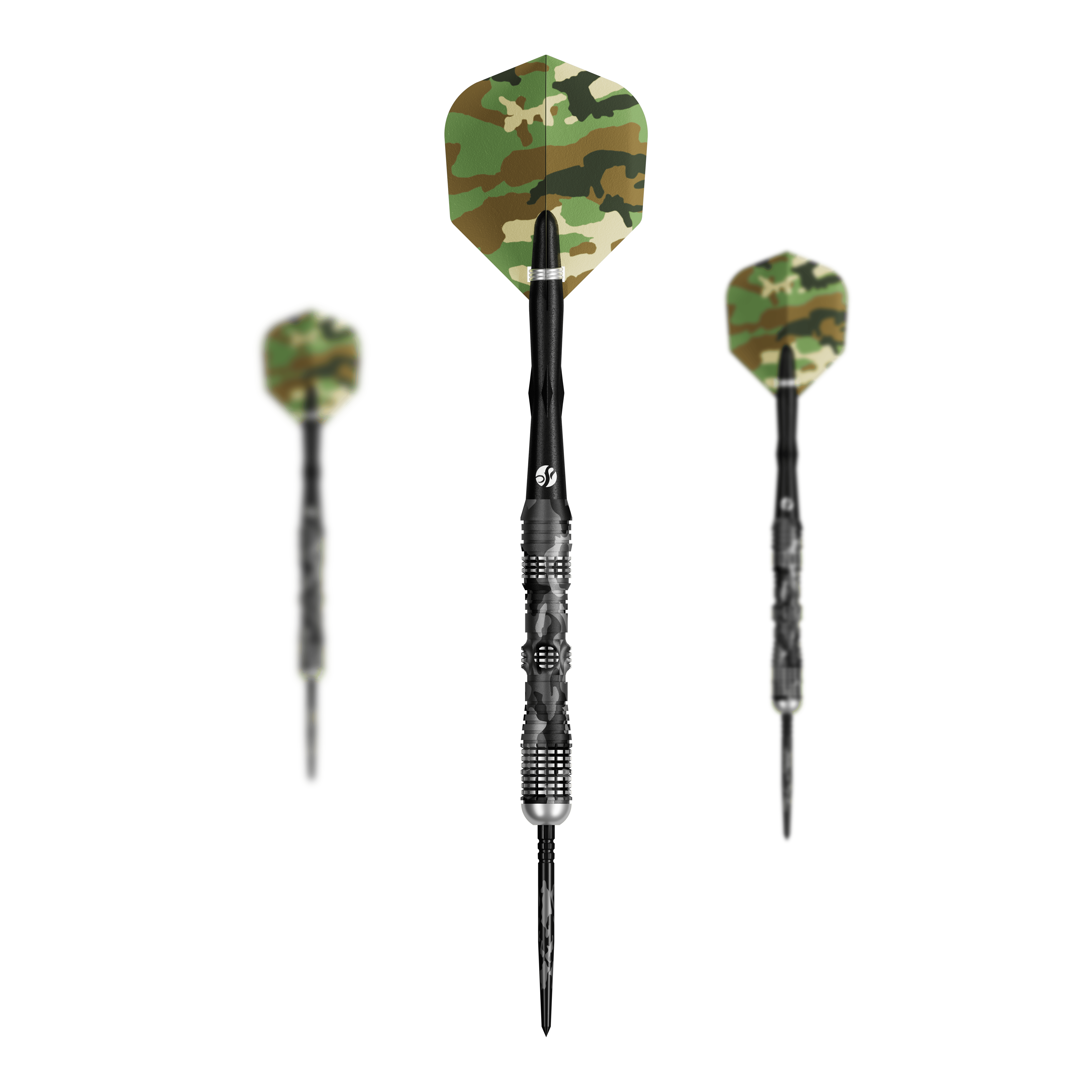 Shot Camo Longshot Turbo Point Steeldarts 23 Gramm werden dargestellt. Sie besitzen ein spezielles Muster.