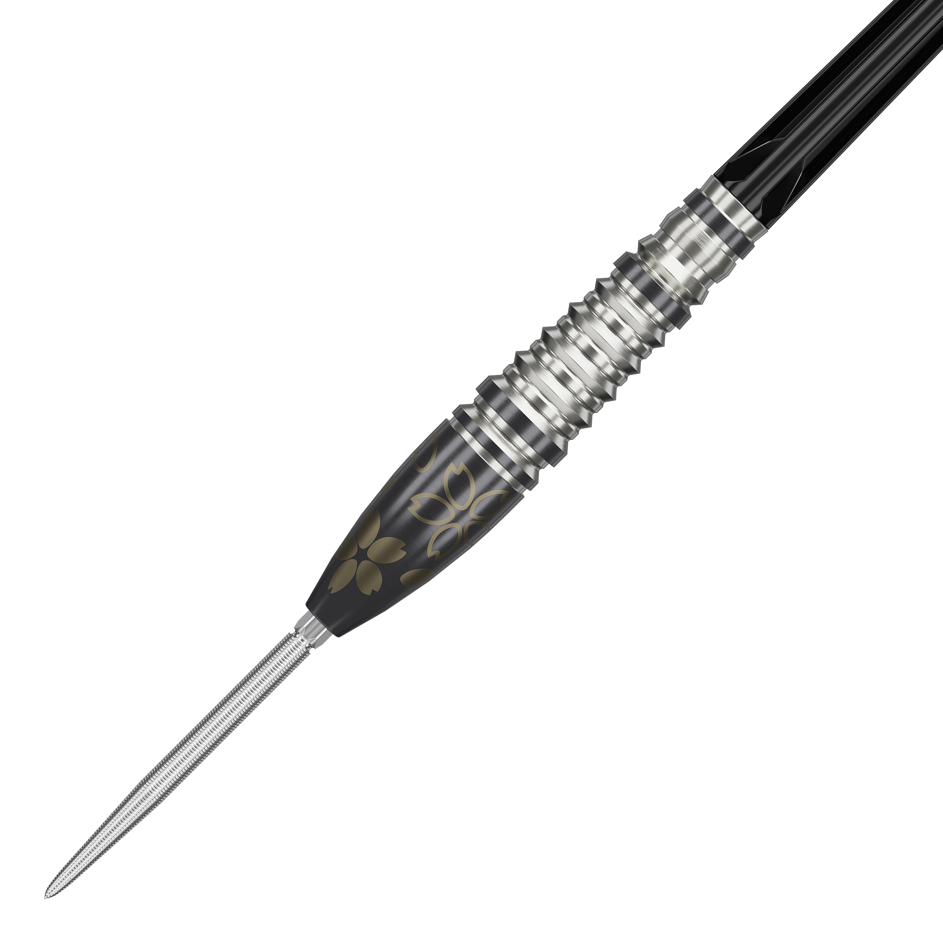 Target Japan Junya Koikawa Charm Smash GEN3 Swiss Point Steel Darts - 23g Dies ist ein Target Japan Junya Koikawa Charm Smash GEN3 Swiss Point Steeldart mit einem Gewicht von 23g. Der Dart hat ein elegantes Design mit silbernen Rillen und schwarzen sowie goldenen Verzierungen.