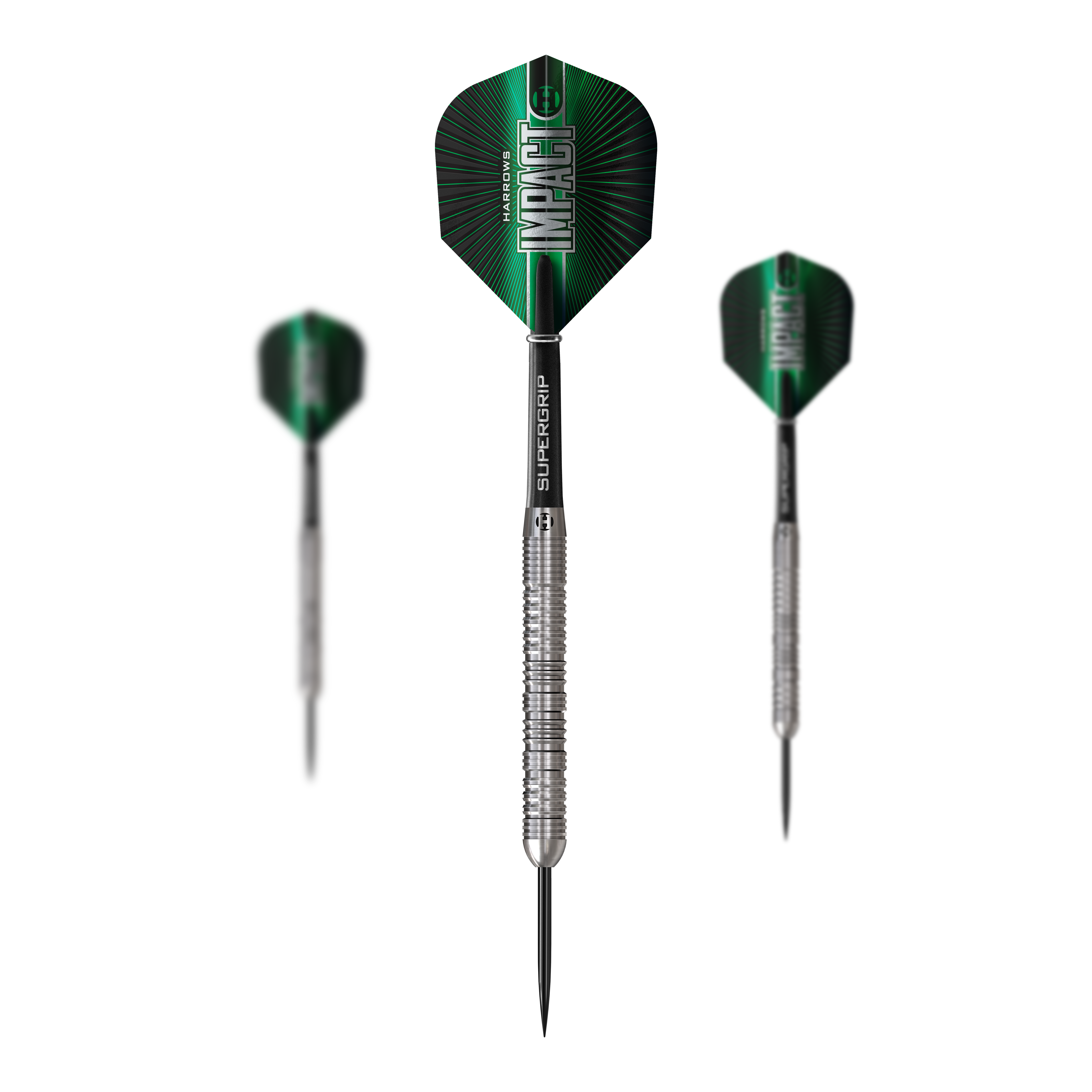 Harrows Impact Steel Darts Dieses Bild präsentiert ein Set Harrows Impact Steeldarts. Das Set umfasst mehrere Darts für Steeldartspiele.