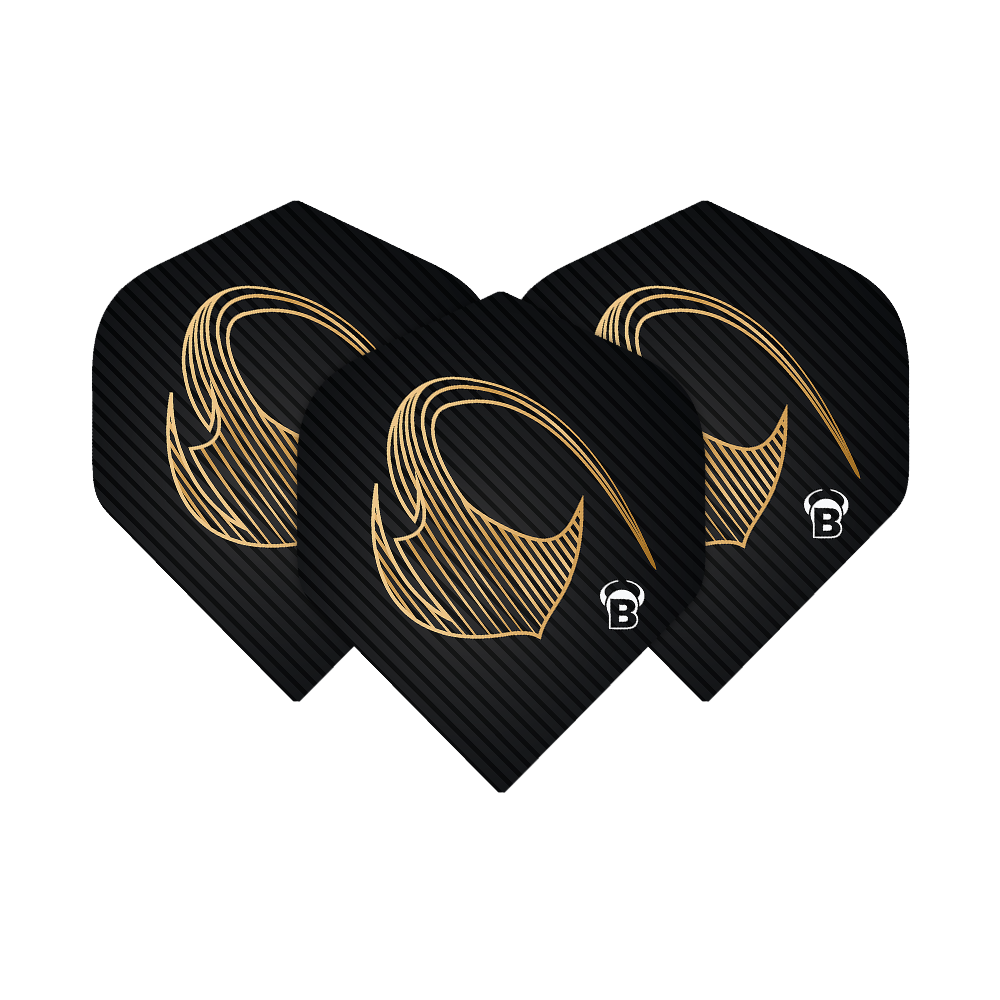 Bulls Metrixx Stingray No2 Standard Flights Das Bild zeigt drei schwarze Dart-Flights mit einem goldenen Muster und dem Buchstaben "B" in der Ecke. Es handelt sich um die Bulls Metrixx Stingray No2 Standard Flights.