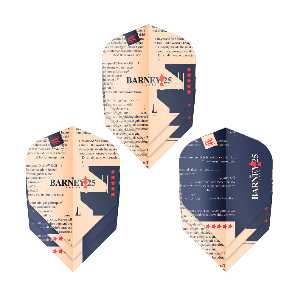 Target ProUltra Raymond Van Barneveld Barney25 No6 Flights Das Bild zeigt drei Dart-Flights des Produkts "Target ProUltra Raymond Van Barneveld Barney25 No6". Die Flights sind in Dunkelblau und Beige gestaltet und mit Text, Sternen sowie der Aufschrift "BARNEY25" verziert.