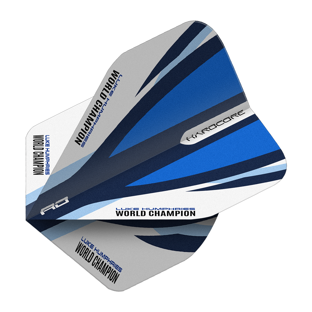 Red Dragon Hardcore Luke Humphries Blue White Standard Flights Das Bild zeigt die Red Dragon Hardcore Luke Humphries Blue White Standard Flights. Die Dartflights haben ein blau-weißes Design und den Aufdruck "Luke Humphries World Champion".