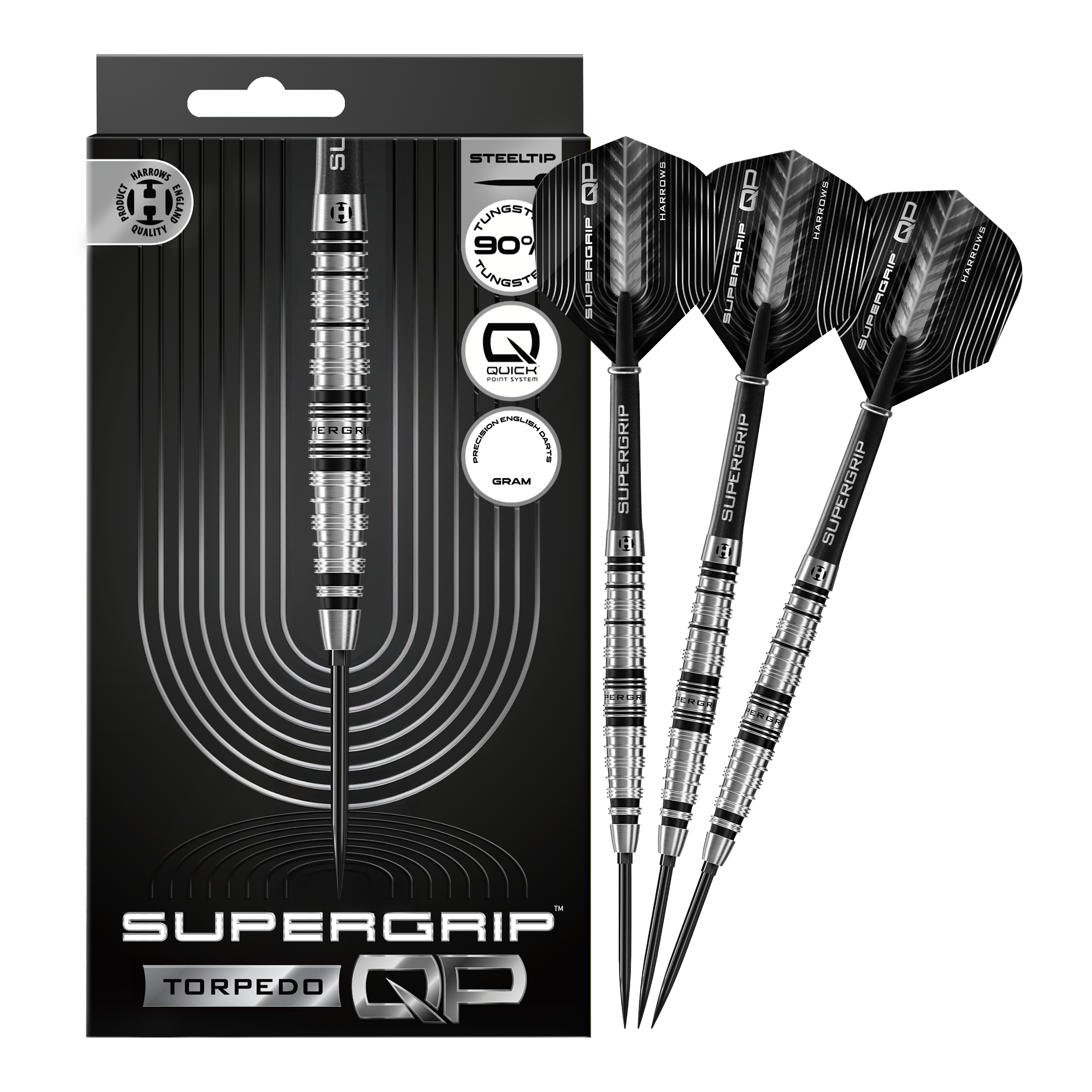 Harrows Supergrip Torpedo Quick Point Steel Darts Abgebildet sind Harrows Supergrip Torpedo Quick Point Steeldarts. Die Steeldarts sind vollständig dargestellt.