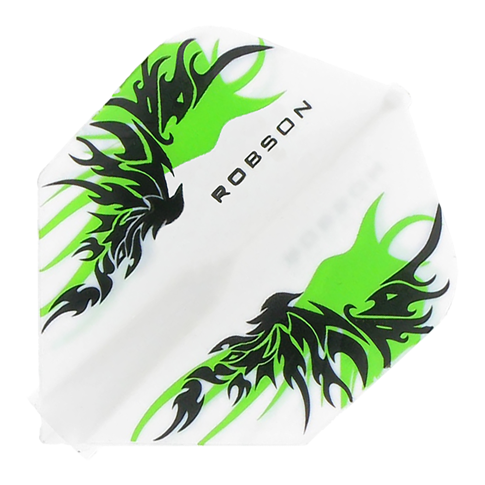 Robson Plus Flights Standard Finn White Das Bild zeigt ein Robson Plus Flights Standard Finn White Dart-Flügel. Er ist weiß mit schwarzen und grünen Tribal-Mustern und dem Schriftzug "ROBSON" in der Mitte.