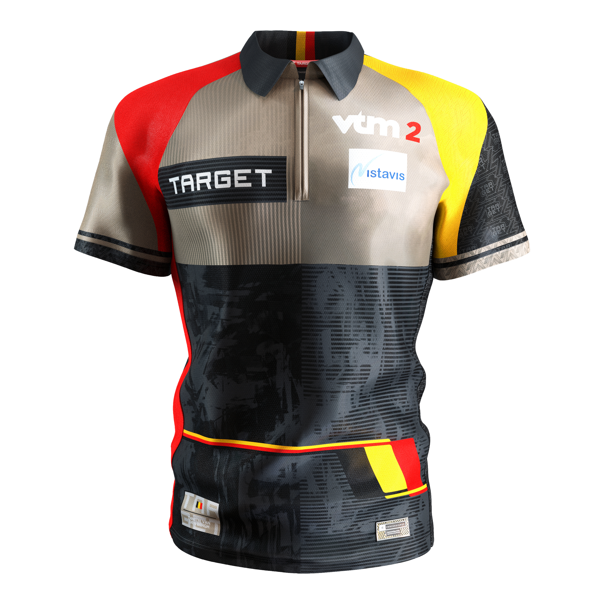 Target Coolplay Dimitri Van Den Bergh 2025 dart shirt Das Bild zeigt das "Target Coolplay Dimitri Van Den Bergh 2025 Dartshirt". Das Shirt ist bunt gestaltet mit den Farben Schwarz, Rot, Gelb und Beige und trägt mehrere Sponsorenlogos.