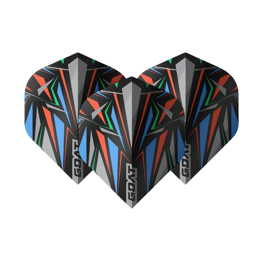 GOAT Athlete Black No2 Standard Flights Das Bild zeigt drei GOAT Athlete Black No2 Standard Flights mit einem auffälligen, bunten geometrischen Muster. Die Flights sind überwiegend in Schwarz gehalten und haben rote, blaue, grüne und graue Akzente.