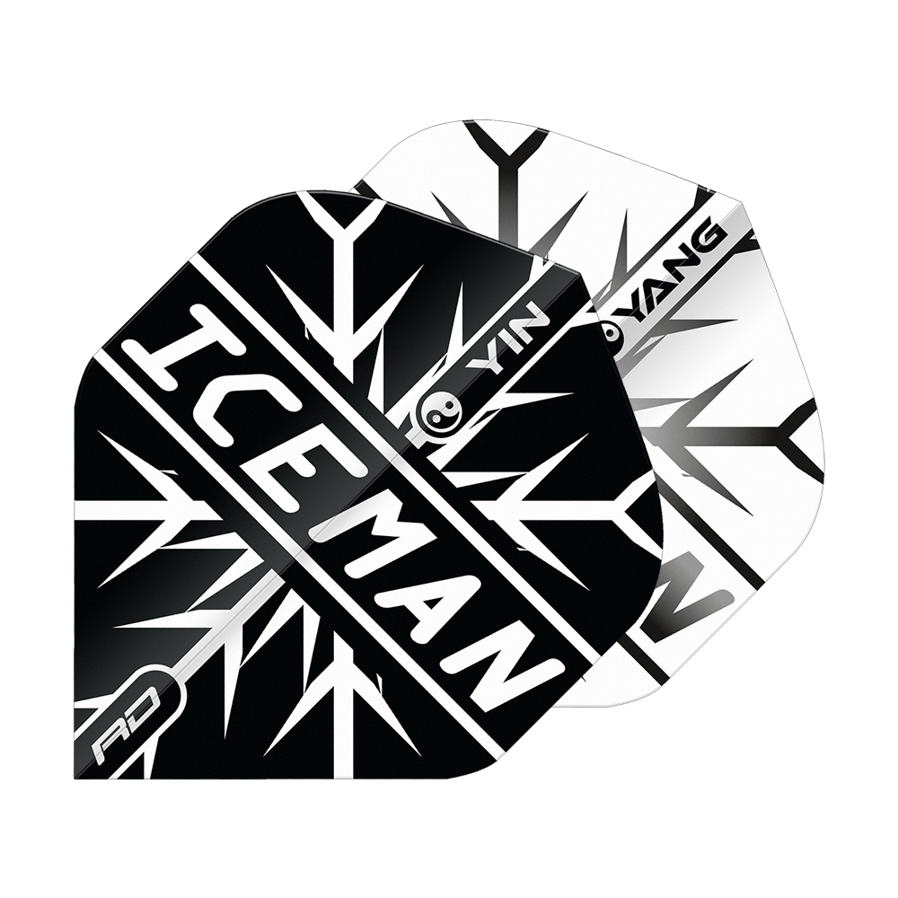 Red Dragon Gerwyn Price Iceman Black White Yin Yang Standard Flights Das Bild zeigt zwei Dart-Flights in Schwarz und Weiß mit einem Yin-Yang-Design. Auf dem vorderen Flight steht in großen Buchstaben „ICEMAN“.