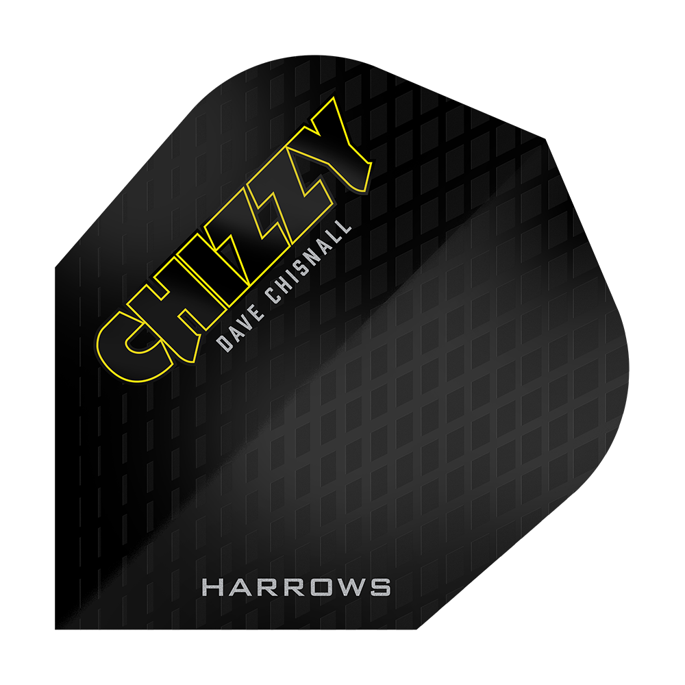 Harrow's Dave Chisnall Chizzy Series 3 Flights Das Bild zeigt ein schwarzes Dartflight mit einem Muster und der Aufschrift "CHIZZY DAVE CHISNALL" in gelben und weißen Buchstaben. Unten steht außerdem das Wort "HARROWS".