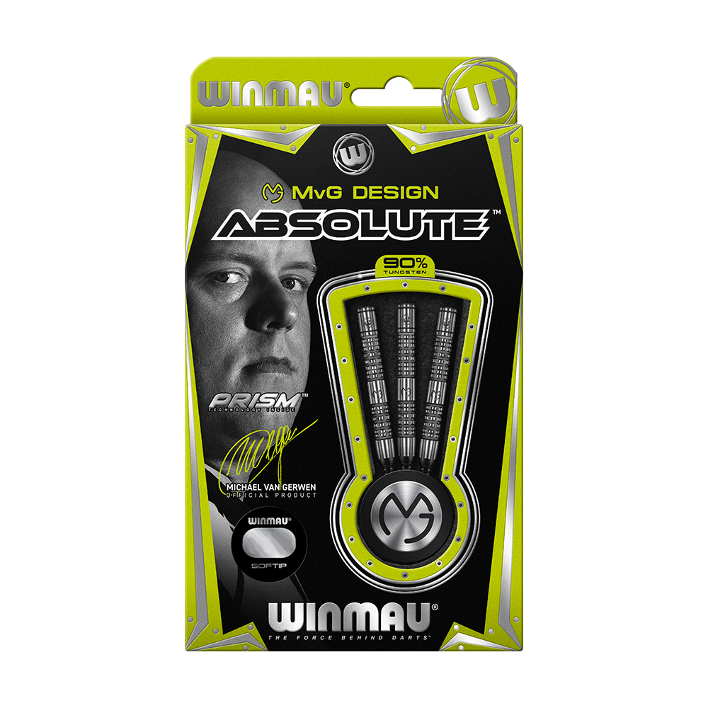 2431_Winmau_Michael_Van_Gerwen_MvG_Absolute_Softdarts_3167WUWAbL6F83 Auf dem Bild ist die Verpackung der "Winmau Michael Van Gerwen MvG Absolute Softdarts" zu sehen. Die Packung ist schwarz-grün gestaltet und zeigt drei Softdarts sowie ein Porträt von Michael Van Gerwen.