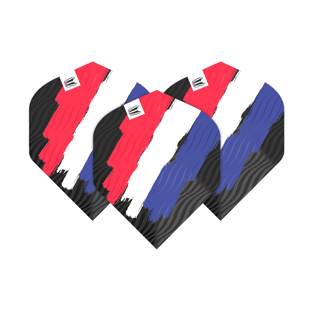 Das Bild zeigt drei Dartflights mit einem Design in den Farben Rot, Weiß und Blau. Die Flights haben ein stilisiertes Muster, das an die niederländische Flagge erinnert.