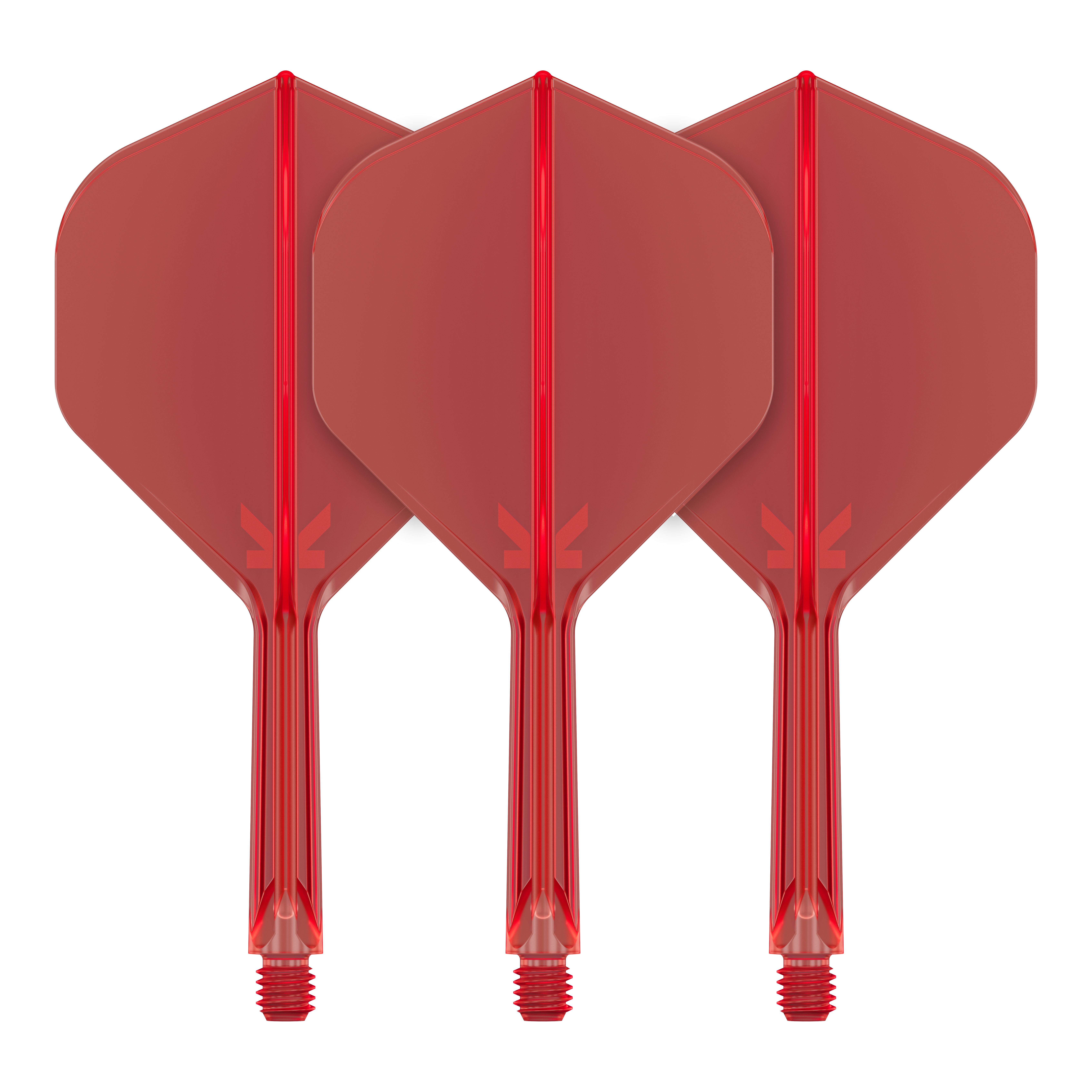 Target K-Flex No2 Standard Flight System - Red Auf dem Bild sind drei rote Dartflights mit integrierten Schäften zu sehen. Sie stehen nebeneinander in einer aufrechten Position.