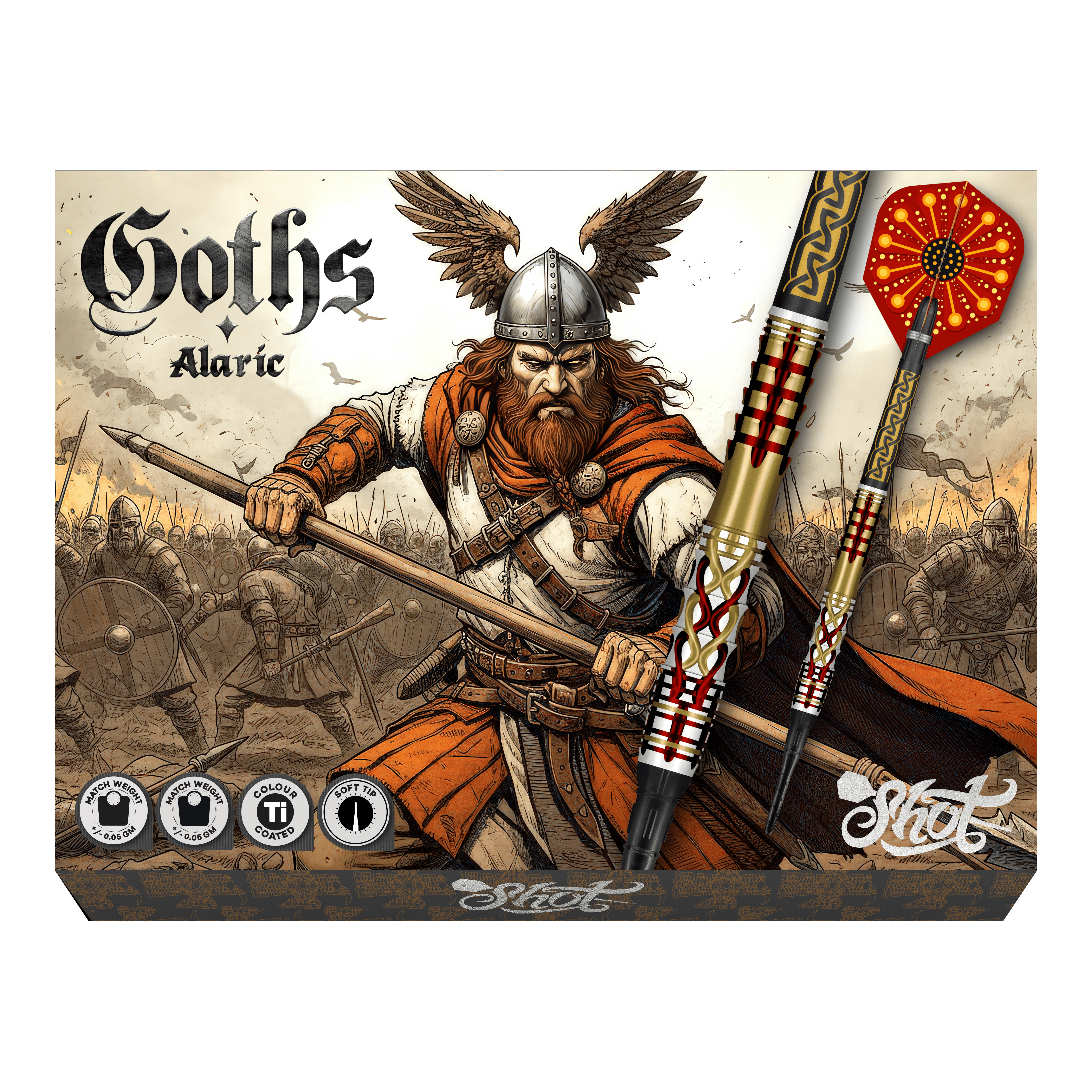 Abgebildet sind Shot Goths Alaric Softdarts mit einem Gewicht von 20g. Die Darts eignen sich perfekt für das Softdart-Spiel.