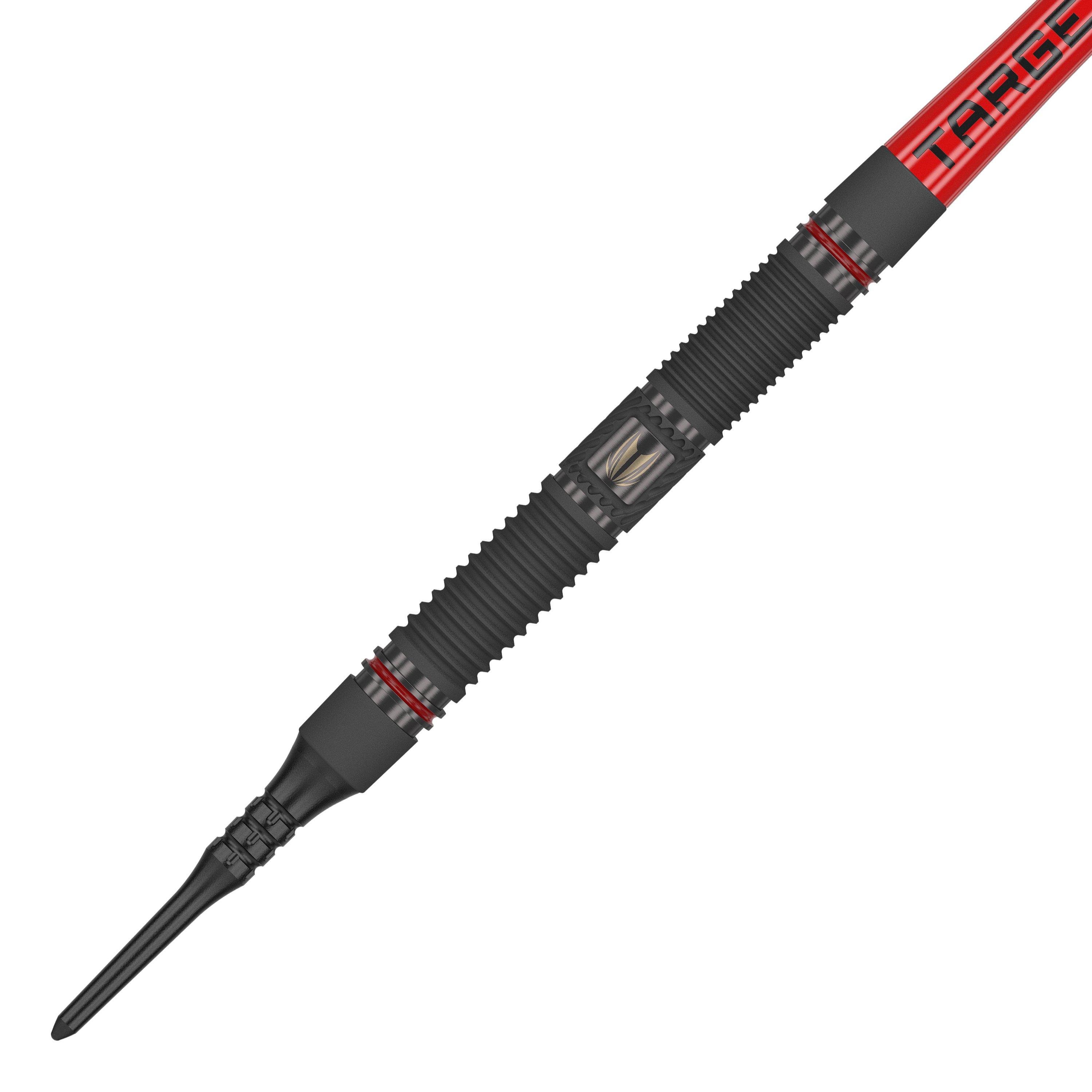 Target Scope 10 Soft Darts Das Bild zeigt einen Target Scope 10 Softdart mit einem schwarzen, geriffelten Griff und roten Akzenten. Der Dart hat eine rote Fliege mit der Aufschrift "TARGET".