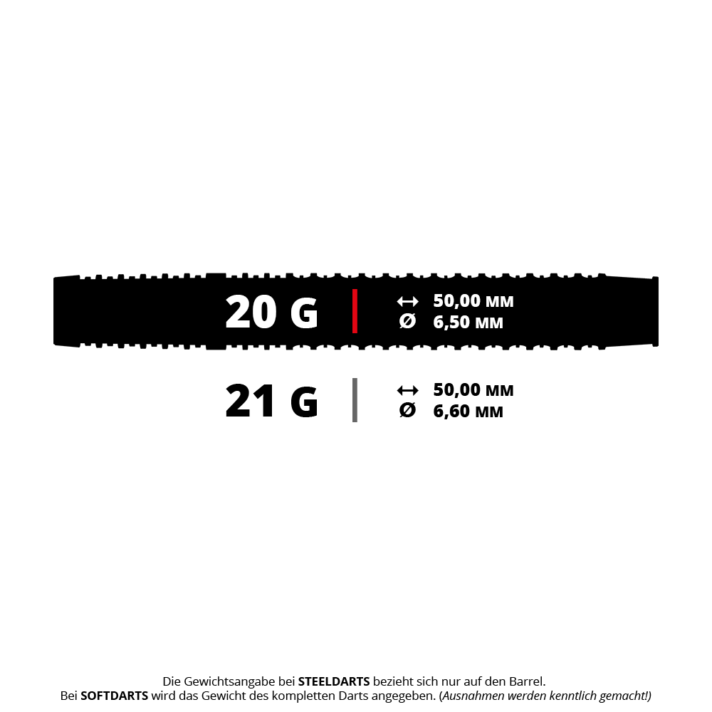 Das Bild zeigt zwei Gewichtsvarianten von Darts: 20 Gramm und 21 Gramm. Beide Varianten sind 50,00 mm lang, haben jedoch unterschiedliche Durchmesser von 6,50 mm bzw. 6,60 mm.