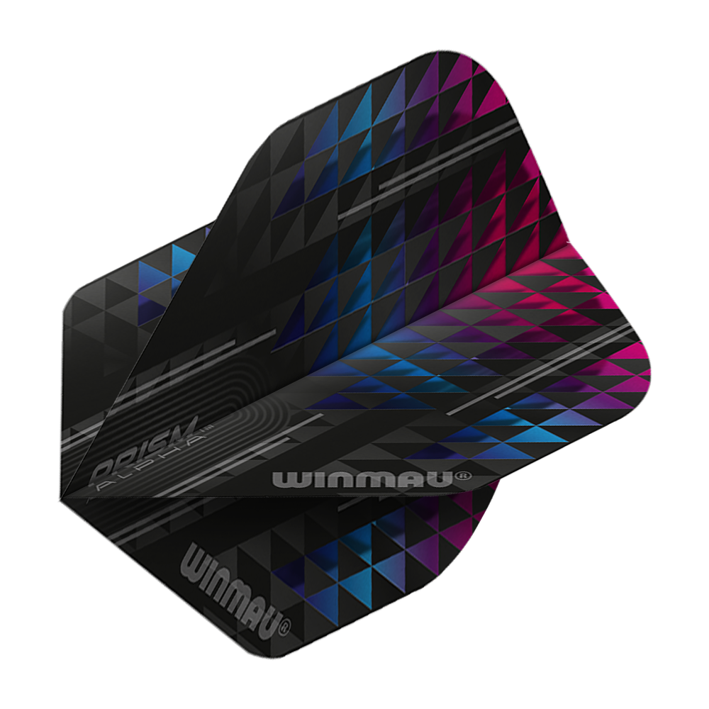 6915-115_Winmua_Prism_Alpha_6915-115_Standard_Flights_2 Das Bild zeigt das Produkt "Winmau Prism Alpha 6915.115 Standard Flights". Die Flights sind schwarz mit einem Muster aus blauen und pinken Dreiecken sowie dem Winmau-Logo.