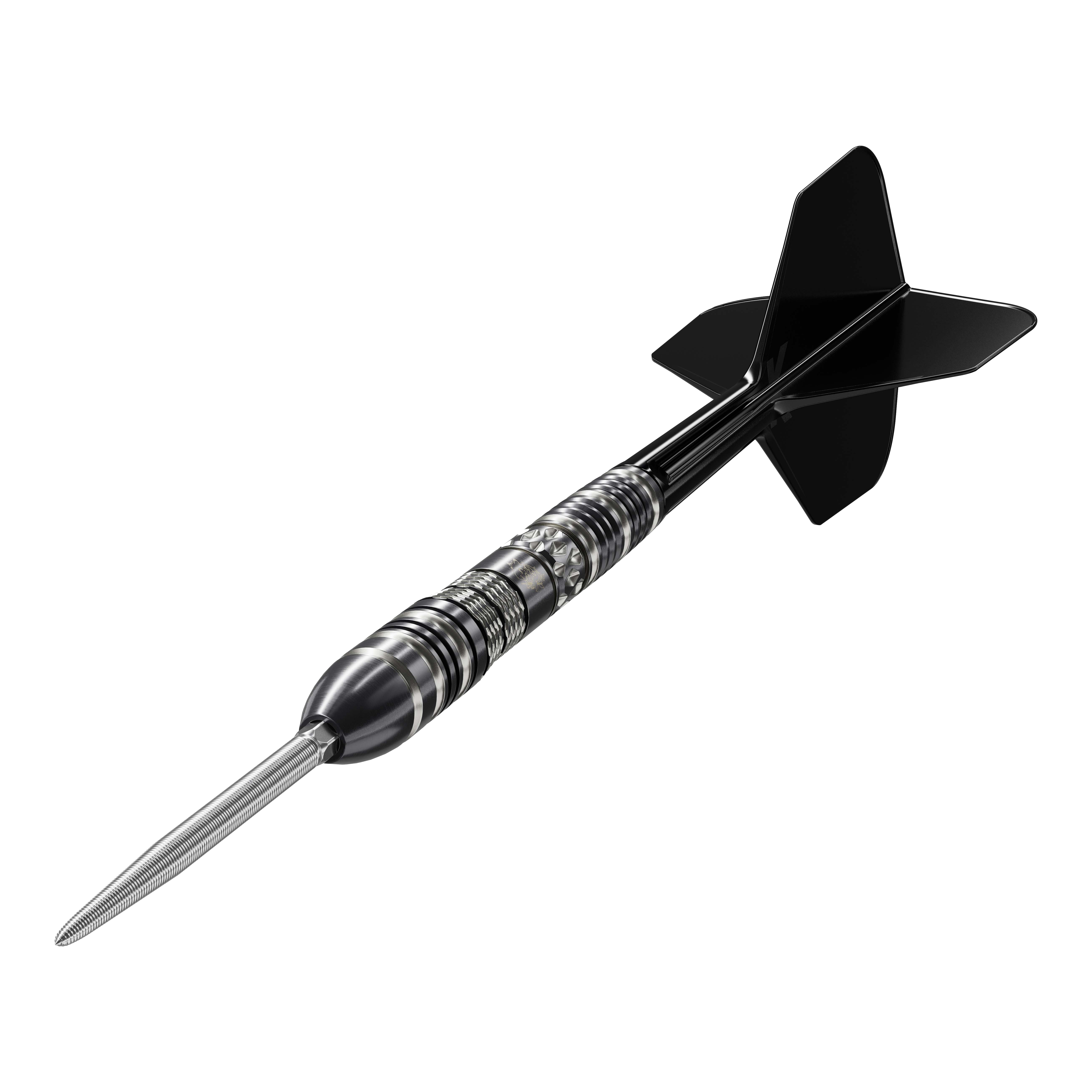 Target Black Marque Dragon 3 Swiss Point Steeldarts Das Bild zeigt einen Target Black Marque Dragon 3 Swiss Point Steeldart. Der Dart ist schwarz-silber und hat eine scharfe Stahlspitze sowie schwarze Flügel.