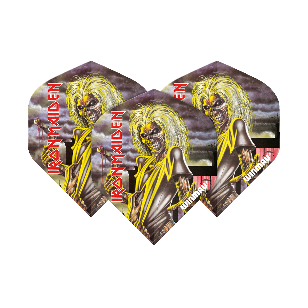 Das Bild zeigt drei Dartflights mit dem Iron Maiden "Killers" Albumcover und dem Text "IRON MAIDEN" in roter Schrift. Die Flights sind von der Marke Winmau und tragen den Namen "Rockstar Legends Iron Maiden Killers Standard Flights".