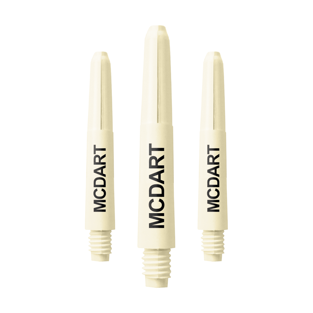 Das Bild zeigt drei naturweiße Nylon-Schäfte für Darts. Auf jedem Schaft steht der Schriftzug "MCDART" in schwarzer Schrift.