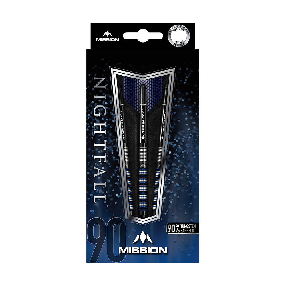 Mission Nightfall Model 1 soft darts Das Bild zeigt die Verpackung der "Mission Nightfall Model 1 Softdarts". Die Darts bestehen zu 90 % aus Tungsten und sind auf einem dunkelblauen Hintergrund präsentiert.